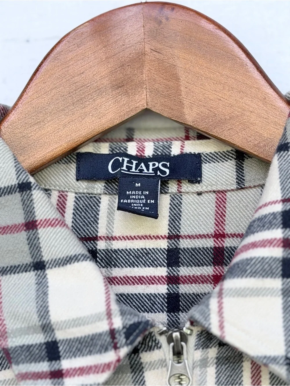 Chaps Full-Zip Plaid Flannel Shirt Jacket Shacket Cream Navy Red - Medium